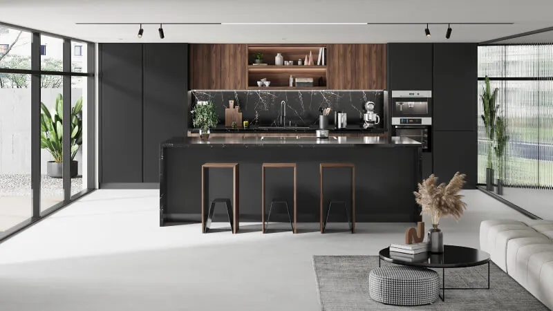 Spacious modern kitchen with dark wood finishes