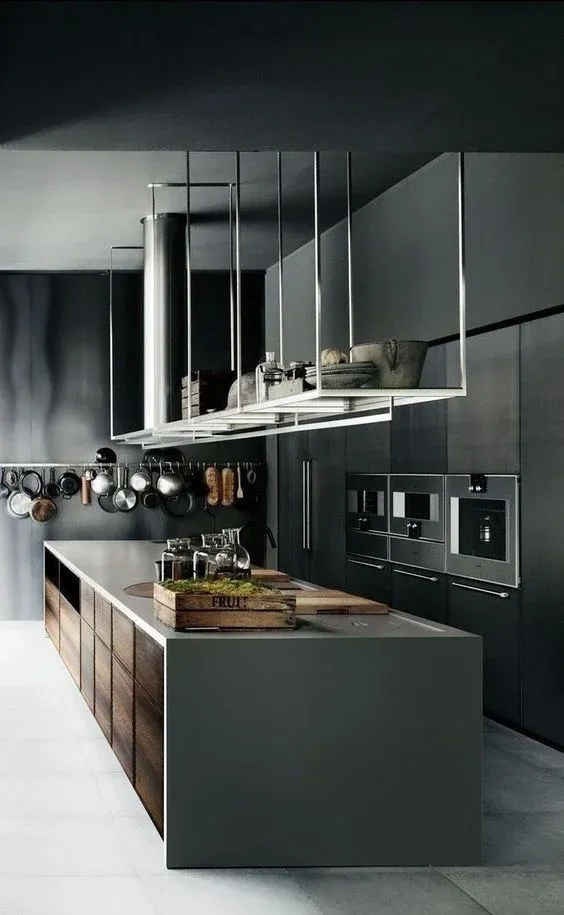 Spacious modern kitchen with dark wood finishes