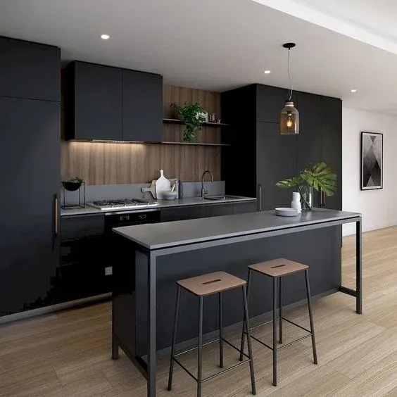 Spacious modern kitchen with dark wood finishes