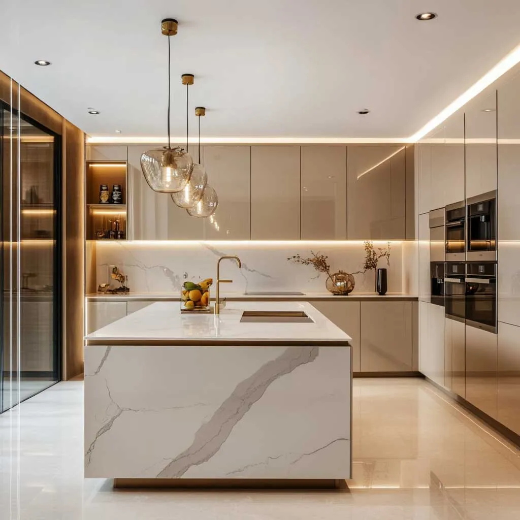 Spacious modern kitchen with dark wood finishes