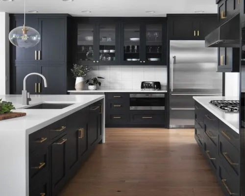 Spacious modern kitchen with dark wood finishes